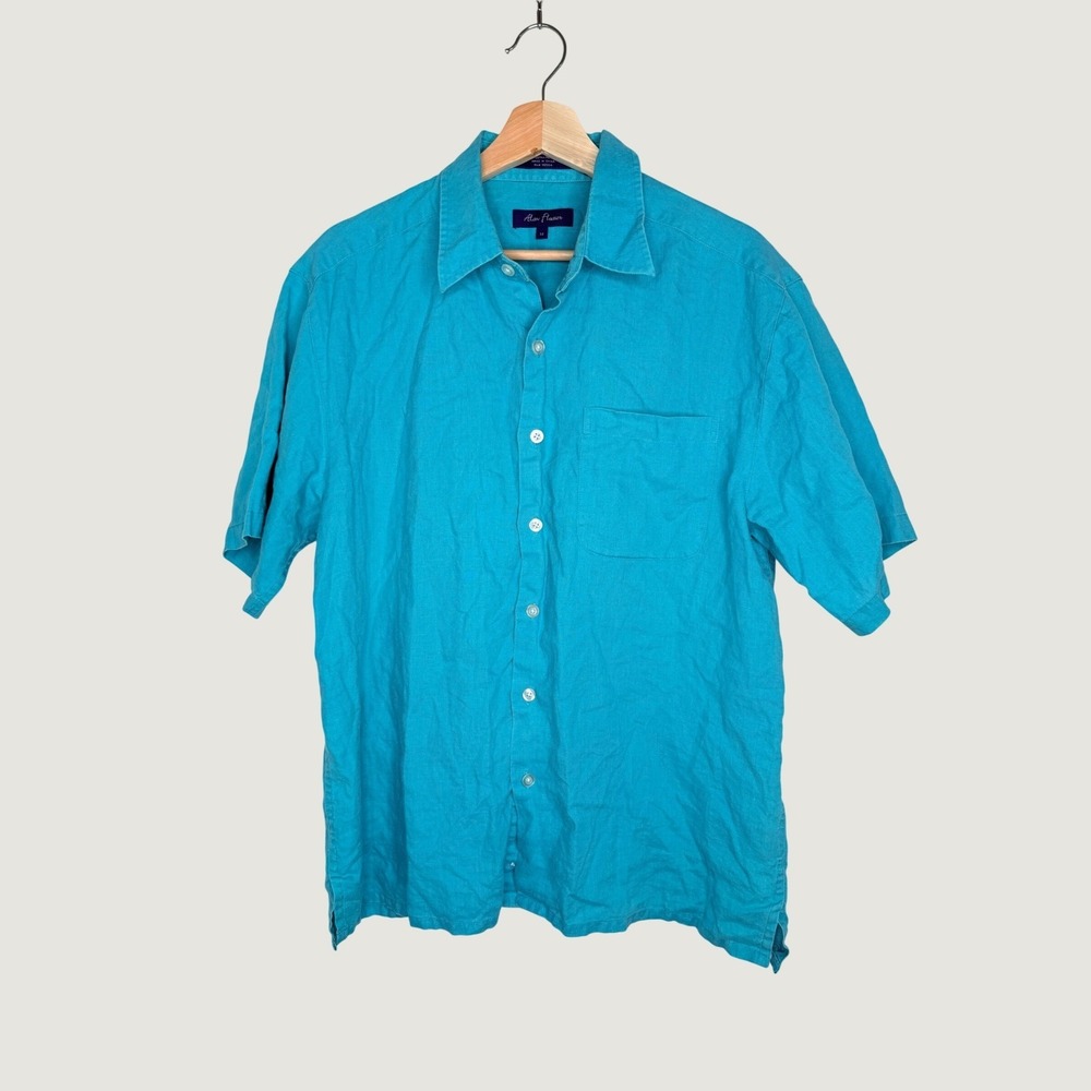 Alan Flusser Mens Linen Teal Blue Airy Button Down Shirt Cruise Summer Outdoor M